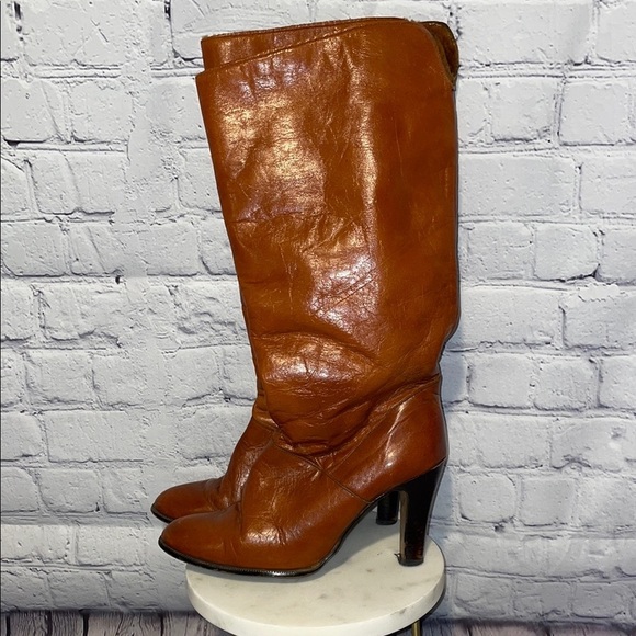 Vintage 70’s British Tan Brown Leather Knee-High Boots Sz 6 - Picture 2 of 6